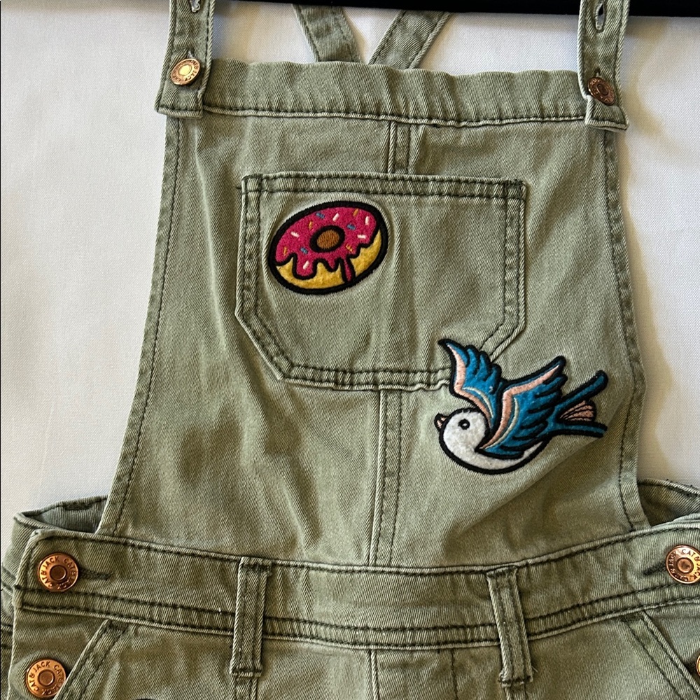 Green Denim Overalls with Fun Patches Girls Size Medium - Picture 3 of 8